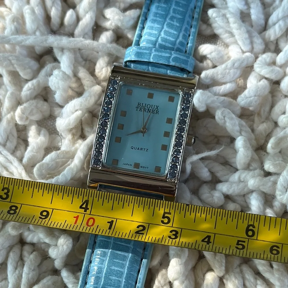 New BIJOUX TERNER Blue Silver Blue Tint Crystal Frame Leather Watch - Picture 10 of 10